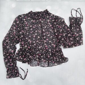 BCBGeneration Sheer Floral Print Chiffon Smocked‎ Top In Black Size XS